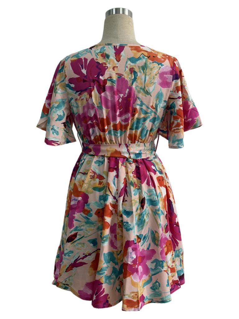 Summer Elegant Women Fashion Floral Print Cross Neck Tie Belt Dress Mature Style French Retro Patchwork Slim Sexy Elegant Women Maxi Dress