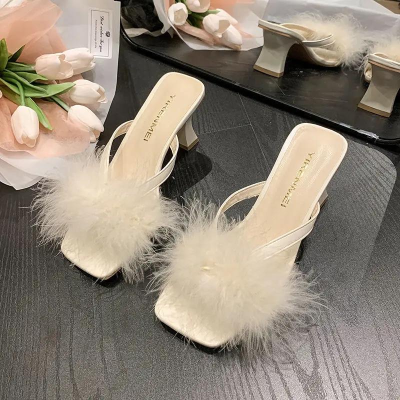 Fashion Outside Heeled Women's Slippers and Ladies Sandals High Quality Designer Luxury Slides Chic Elegant Small Size 2025 Trend Shoes
