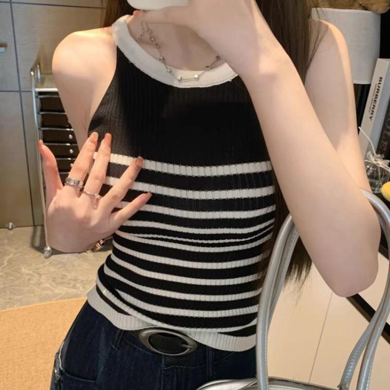 Sweet Hot Girl Striped Knitted Vest Women's Summer Slim Fit Short Sleeveless Camisole Outer Top