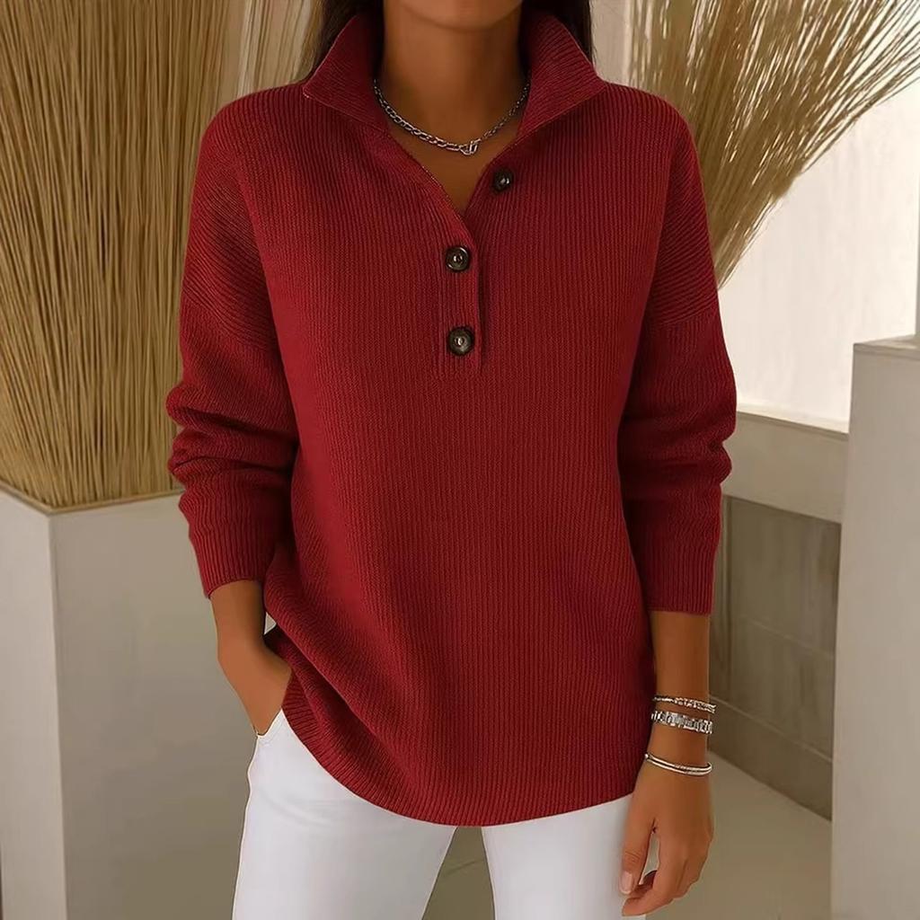 Women's Long Sleeve Pullover Sweater Button Front Knit Top with Collar Casual Lightweight Soft Fabric