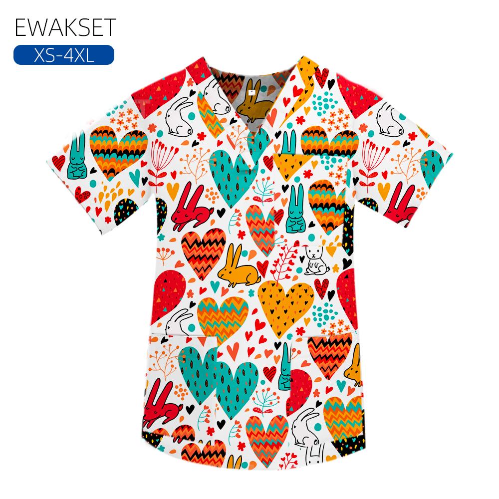 Easter Rabbits Pattern Scrub Uniform 100% Cotton Nurse Doctor Medical Blouse V Neck Short Sleeve Tshirts Woman Man Surgical Tops