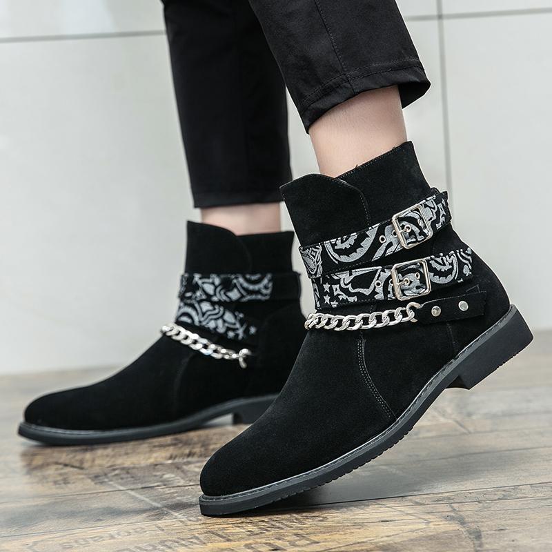 Men's Comfort Genuine Leather Casual Fashion Trends Motorcycle Style Boots High Quality Frosted Leather Chain Sleeve Short Boots