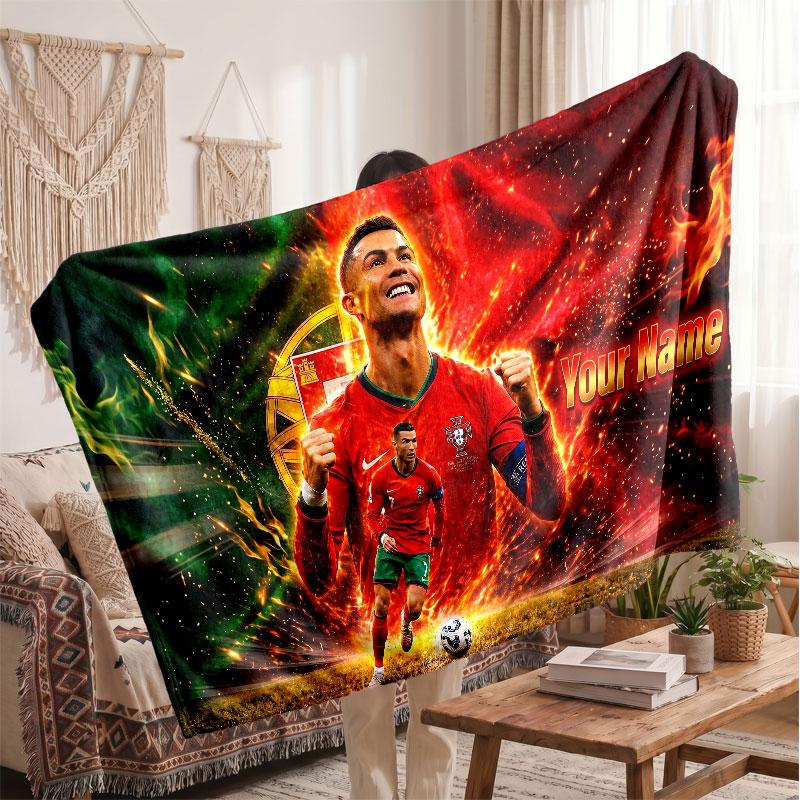 Cristiano Ronaldo Personalized Fleece Blanket With Football Logo, Custom Name Text Soft Warm Home Throw Blanket
