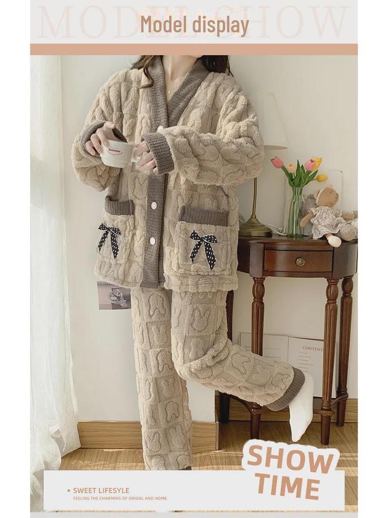 Plus Size Women's Flannel Pajama Set - Long Sleeve Cardigan, Warm and Cozy for Autumn and Winter