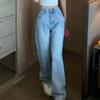 Autumn Trend Women's Retro Washed Blue High-Waist Wide-Leg Jeans - Floor-Length Slimming Trousers