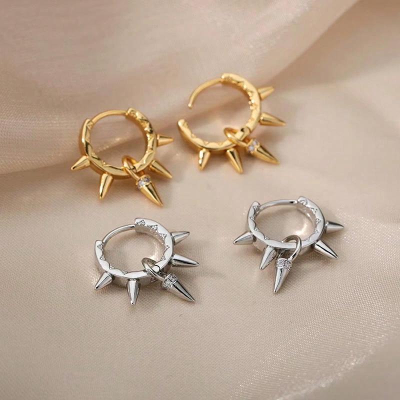1Pair Punk Spike Rivet Hoop Earrings for Women Stainless Steel Huggie Earrings Ear Cuff Piercing Earring Gothic Jewelry Accessories