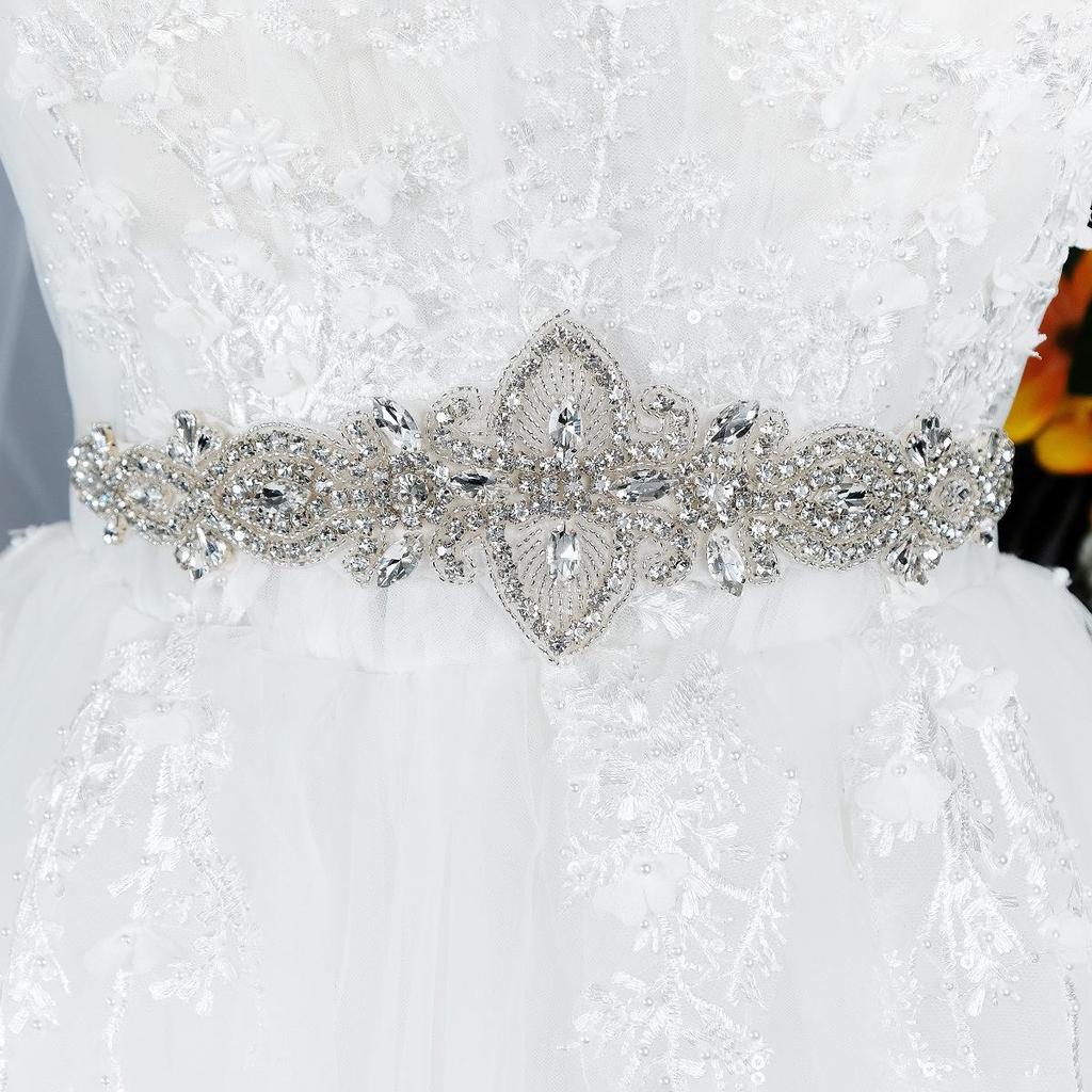 Handmade Rhinestone and Pearl Bridal Waistband with Satin Ribbon