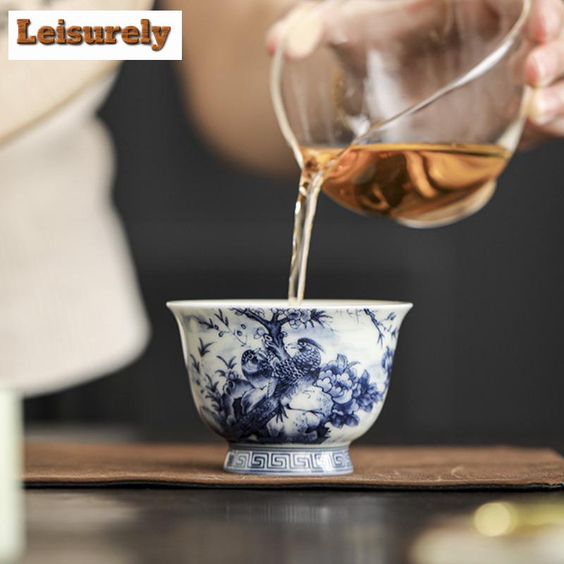 90ml ceașcă de ceai antică albastră și albă, floare de cerneală și pasăre, meditație, ceașcă principală de degustare, ceașcă de ceai personală, bol de ceai Kung Fu, set de ceai