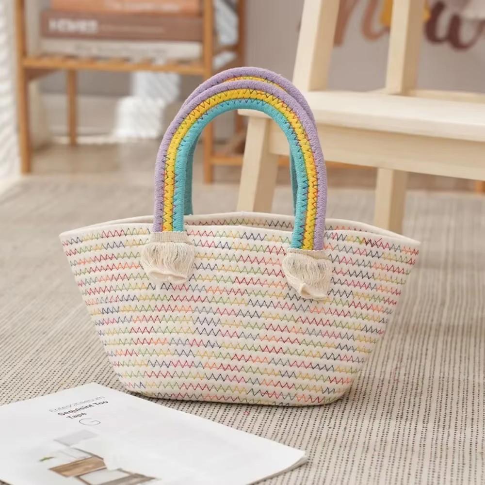 Handmade Cotton Rope Woven Handbag, Rainbow Cloud Pattern Storage Basket, Multifunctional Cosmetic Organizer Portable Picnic Fruit Basket
