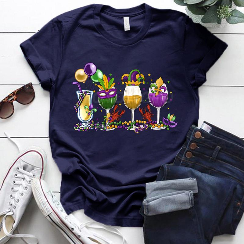 Mardi Gras Drink Shirt for Women Fat Tuesday Wine Graphic Tee Mardi Gras Drinking Party Classic Tops Carnival Vintage T Shirts