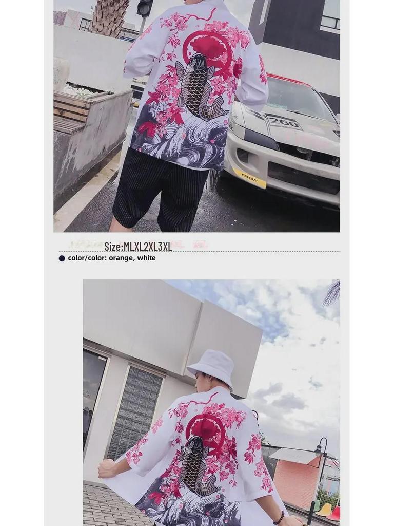 Unisex Japanese Ukiyoe Retro Kimono Cardigan - Dark, Loose Fit, 3/4 Sleeve