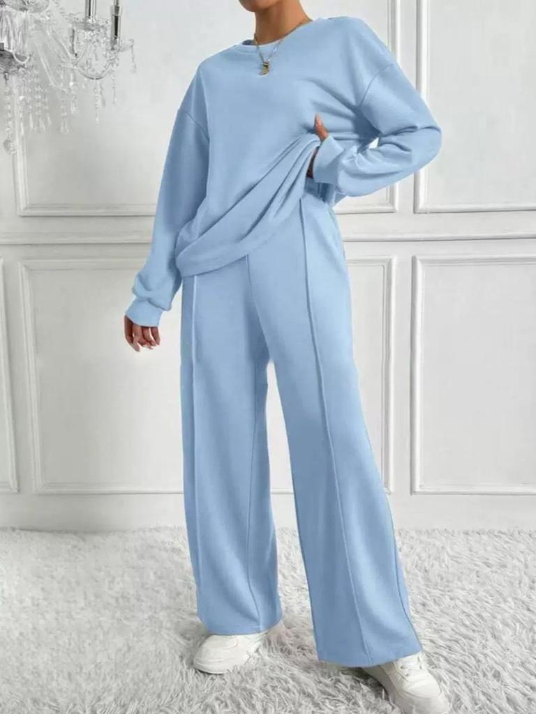 Trendy Solid Color Long Sleeve Round Neck Two-Piece Set for Women