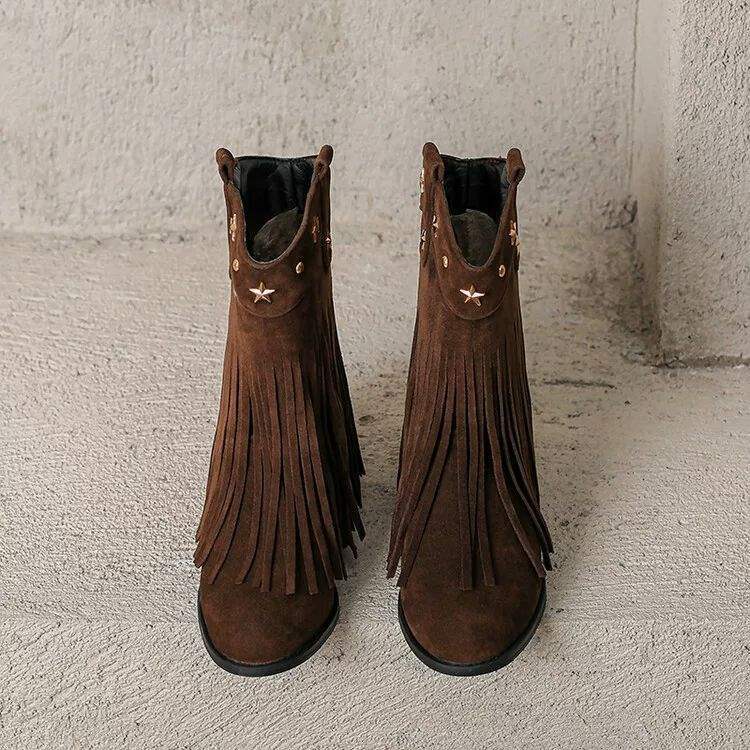 

2025 autumn and winter new retro tassel wedge short women s boots inner height increase Martin boots round head fashion high heels 32