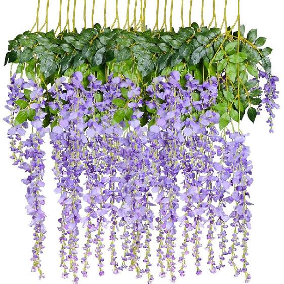 8pcs Artificial Flowers Silk Wisteria Vine Ratta Silk Hanging Flower Wedding Decor (Purple)