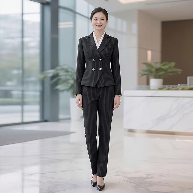 TELUOMAN Women s Professional Black Striped Suit Set M