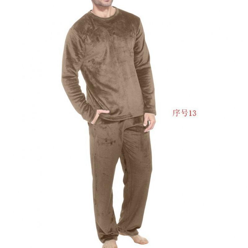 Mens Flannel Pajama Set Round Neck Long Sleeve Pants Soft Warm Loungewear Young Men