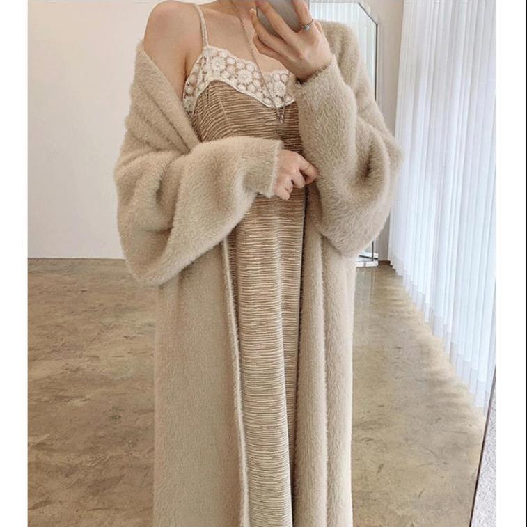 Long Cardigan for Women Autumn Winter Clothes Knitted Fluffy Long Sleeve Cashmere Sweater Coat Korean Style Warm Vintage