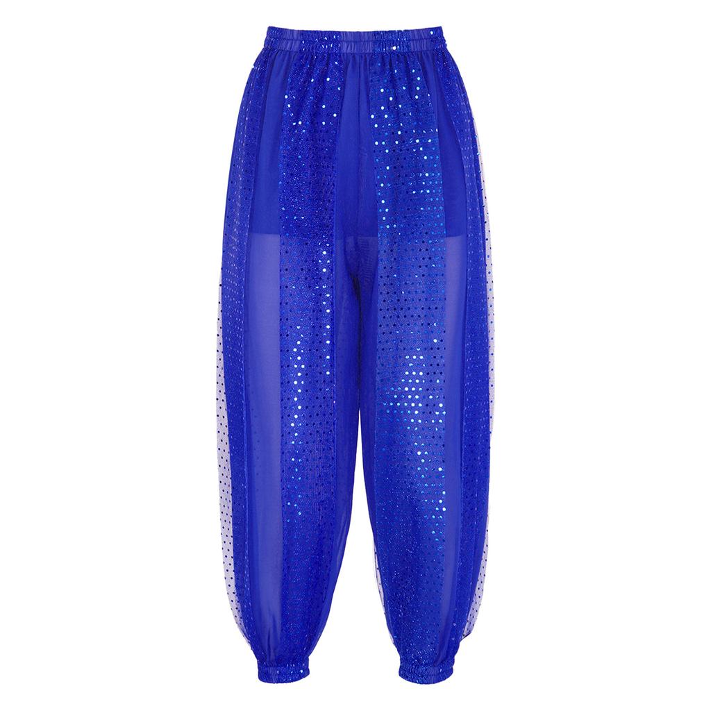 Womens Semi Sheer Chiffon Pants Sequined Dot Design Elastic Waist Belly Dance Performance Trousers