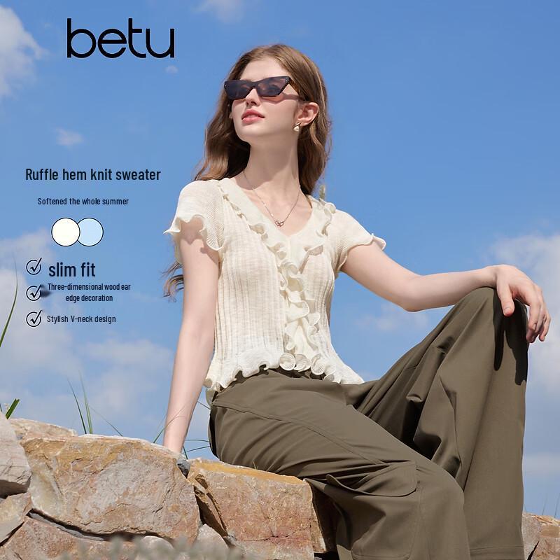BETU Women s 2026 Summer V-Neck Ruffle Knit Short Sleeve Top M кремовый