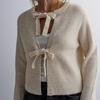 2026 Autumn/Winter Women's Solid Color Loose Knit Cardigan with Tie-up - European and American Style