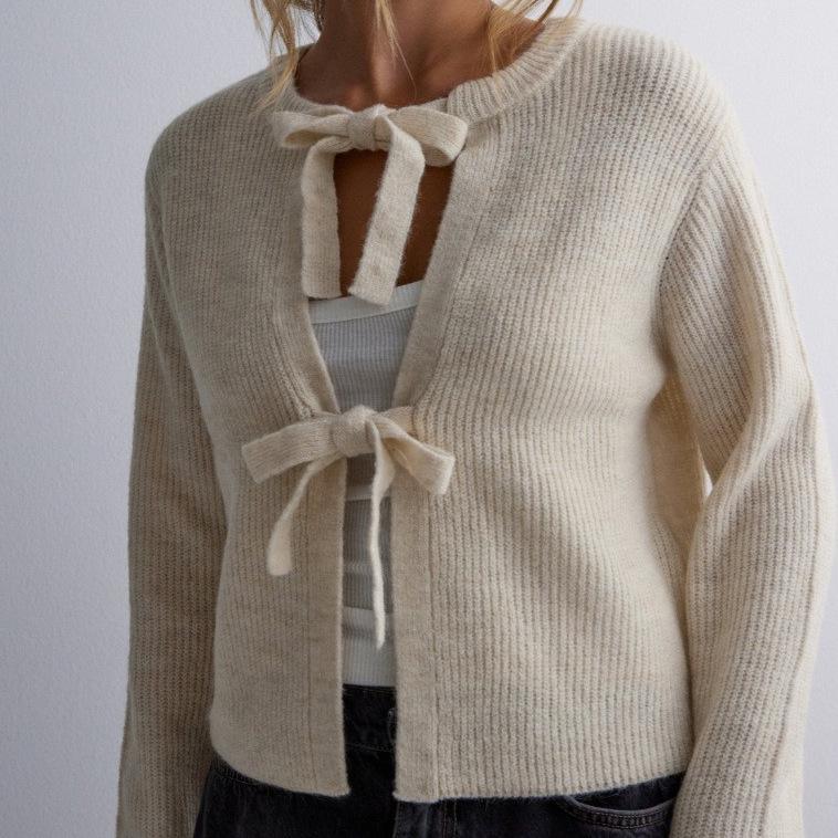 2026 Autumn/Winter Women's Solid Color Loose Knit Cardigan with Tie-up - European and American Style