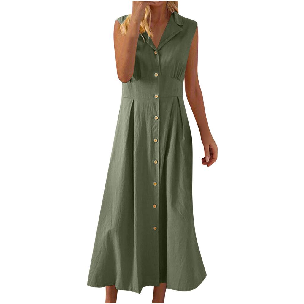 Cotton and linen dress, new suit collar, solid color button cotton and linen dress, dress.