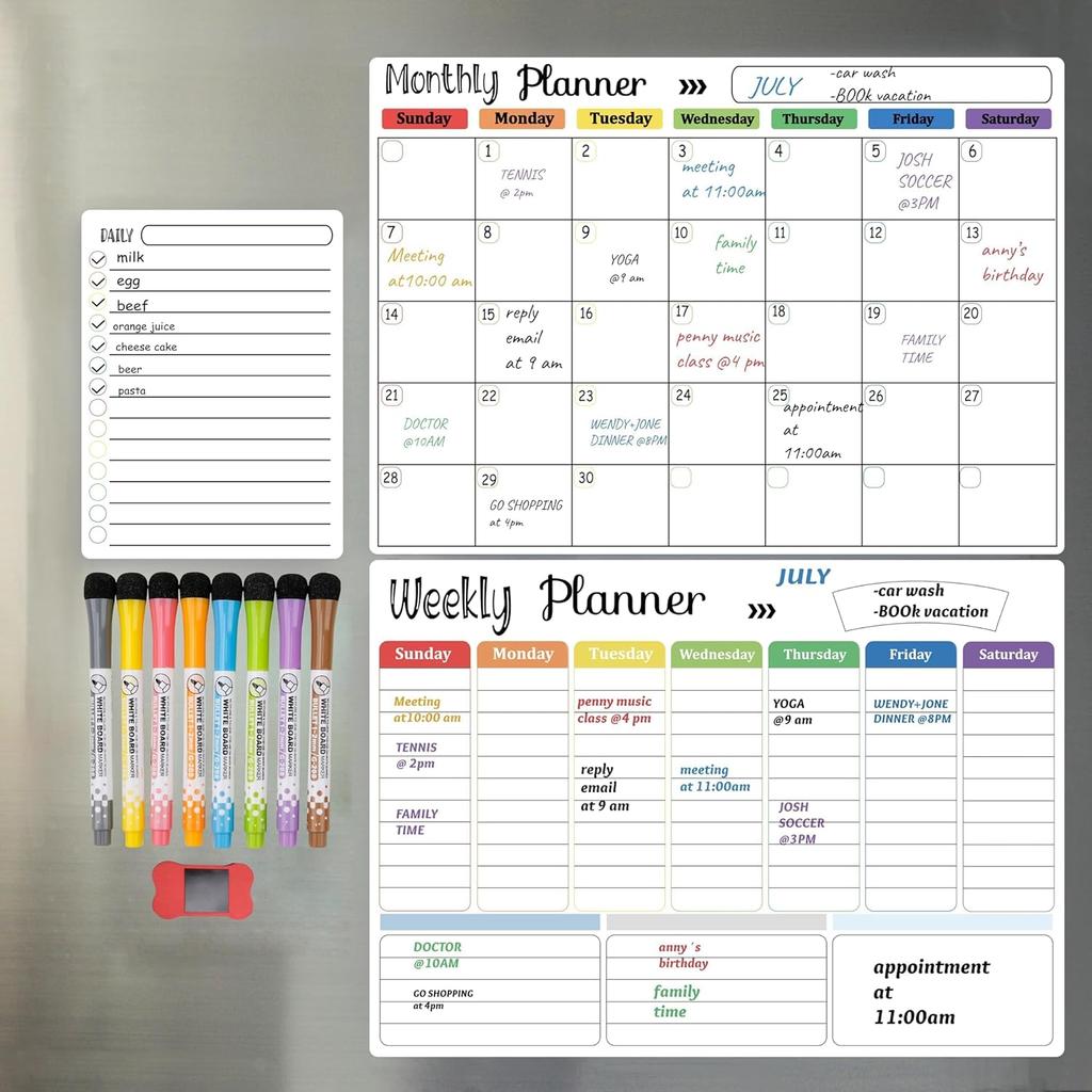 Magnetic Dry Erase Calendar Whiteboard Set (3-Pack) for Fridge, Wall, and Refrigerator Organization – Monthly, Weekly
