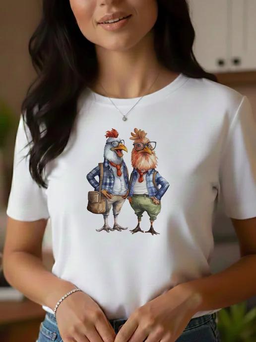 Loose-fit summer T-shirt with  Business Chickens  print 4XL