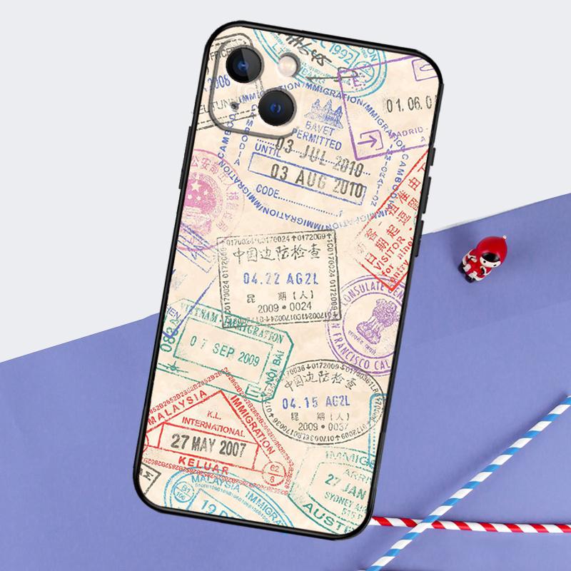 

Retro Post Card Passport Stamps Phone Case For iPhone 16 Pro 15 Pro 11 12 13 14 Pro Max Mini XR 16e 15 16 Plus Cover Shell iPhone 11 Pro