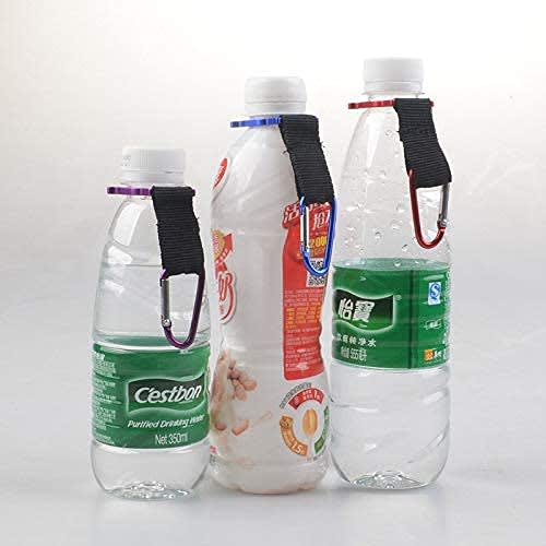 Audiophile Water Bottle Holder, 5-Piece Set (1 of Each Color), with Carabiner, Aluminum and Nylon Strap, Water Bottle Carrying Hooks (Red, Yellow, Pur