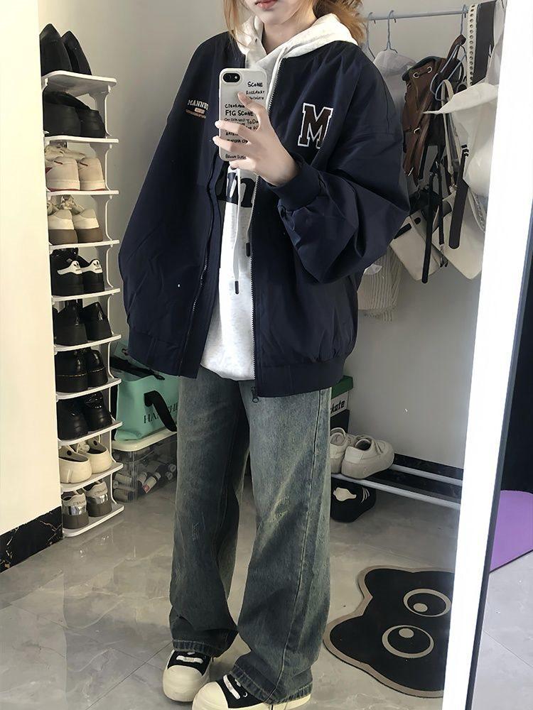 Retro College-Style Fleece-Lined Baseball Jacket - Versatile, Casual, Streetwear for Spring/Autumn