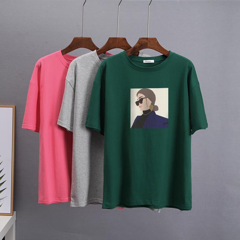 Hirsionsan Elegant Character Printed T Shirt Women Summer Chic Casual Tees Cotton Jumper Clothes Oversized Pullover Female Tops