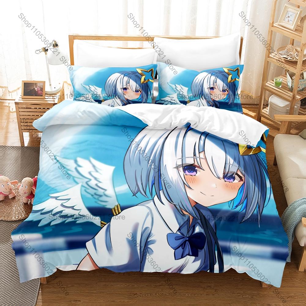 Amane Kanata Blue Hair Wing Angel Anime Print Duvet Cover + 2 Pillowcases Soft Pastel Microfiber Bedroom Decor