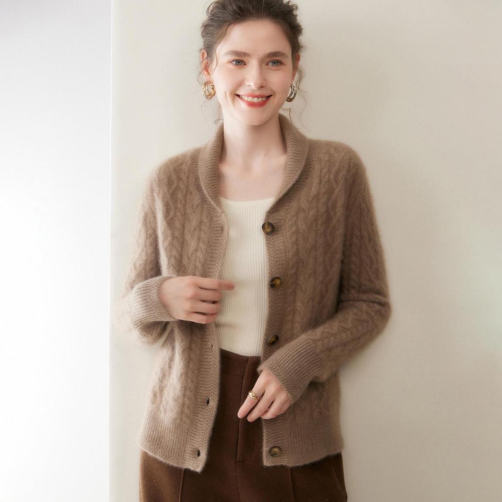 2025 Women's Cashmere Cable Knit Mandarin Collar Cardigan - Autumn/Winter, Long Sleeve, Seven-Needle & Thickened for Warmth