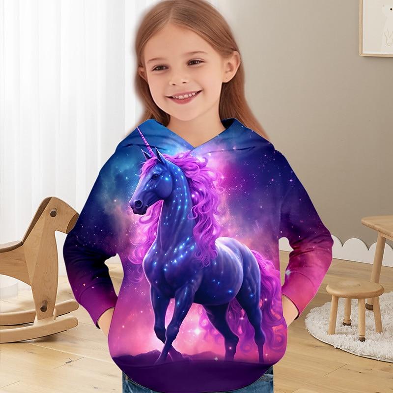 Moletom com capuz unicórnio 3D para meninas, manga comprida, estampa 3D, outono inverno, moda ativa, fofo, crianças de 3 a 12 anos, casual, diário, ajuste regular