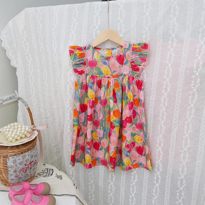 Tulip Sweet Round Neck Girls' Summer Dress with Small Flutter Sleeves, Cotton Princess Style - Stylish Children's Clothing for 2026.