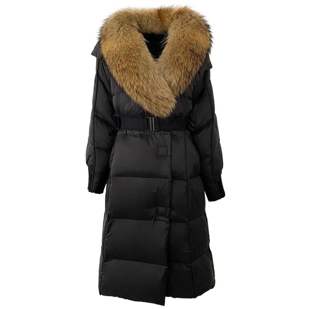 OFTBUY Winter Jacket Women Long Natural Real Raccoon Fox Fur Collar White Duck Down Coat Belt Thick Warm Casual Outerwear