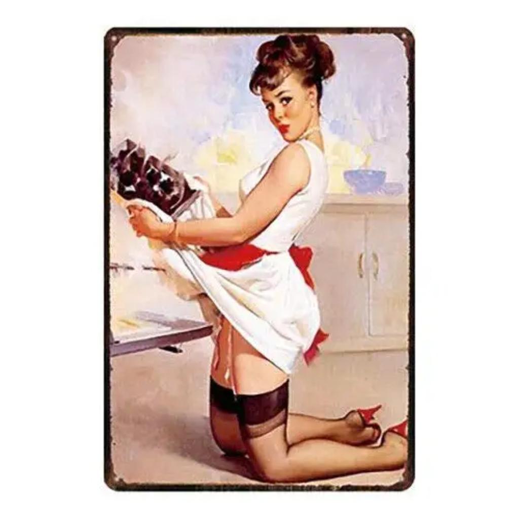 Vintage Tin Sign Pin Up Girl Metal Wall Art for Man Cave Home Bar Decor