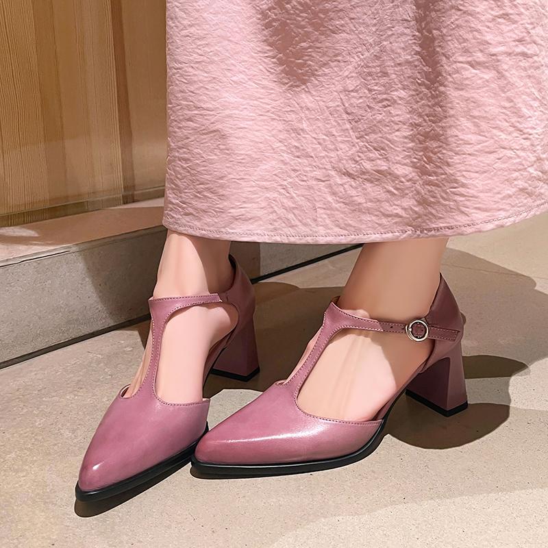 Fashion 2025 Spring New Women's Cow Leather 6.5cm Thin High Heel T-strap Pumps Elegant Ladies Hollow-out Daily Dress Heeled Shoes Woman