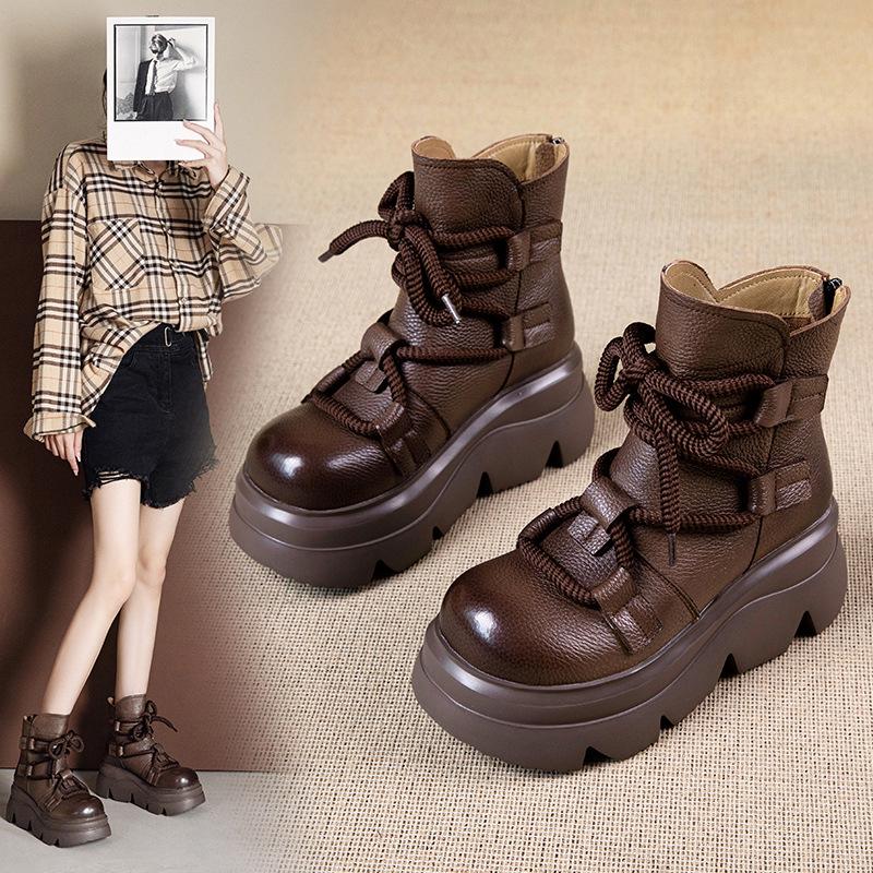 Women's Genuine Leather Platform Martin Boots - 2025 Autumn/Winter Retro Style, Perfect with Skirts for Outdoor Wear.