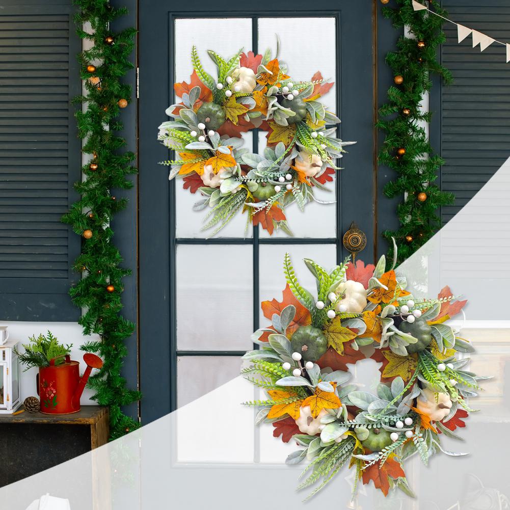 Autumn Maple Leaf Pumpkin Pine Cone Berry Wreath Simulated Wreath with Maple Leaf Pumpkin Pine Cone Berry Decor Halloween