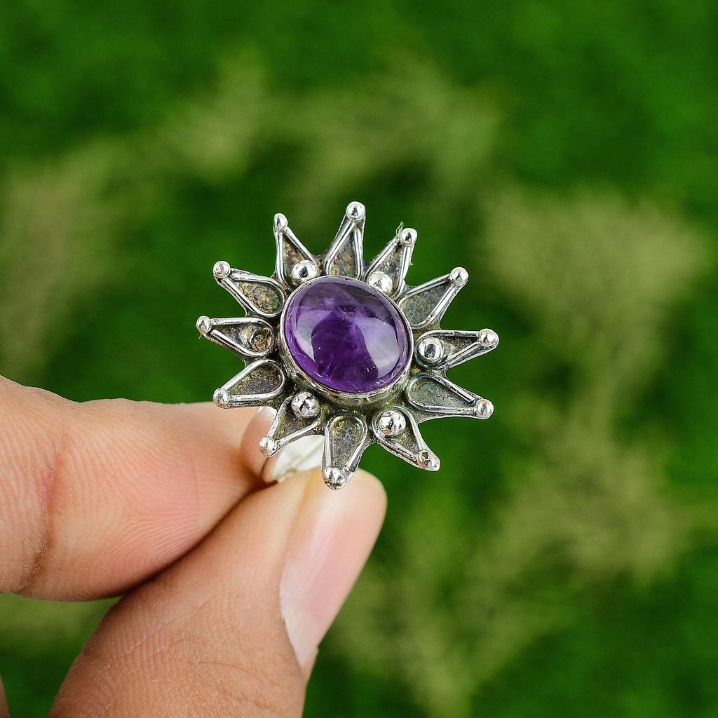 Natural African Amethyst 925 Silver Statement Flower Adjustable Ring For Women