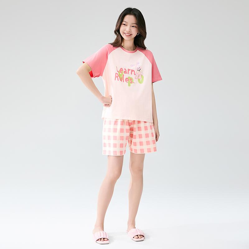 Fenteng [Super Soft A-class Antibacterial Cotton] Summer Round Neck Shorts Thin Pajamas Women's New Cartoon Home Clothes Set