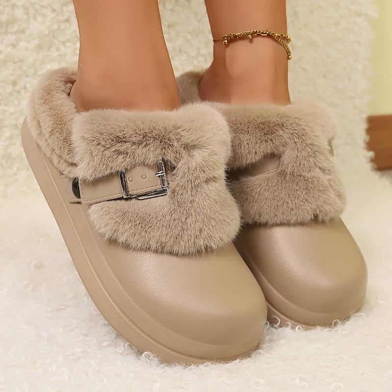 Fashion Winter Cotton Mopping Fashion Round Toe Deep Mouth Metal Buckle Plush Warm Non-slip Flats