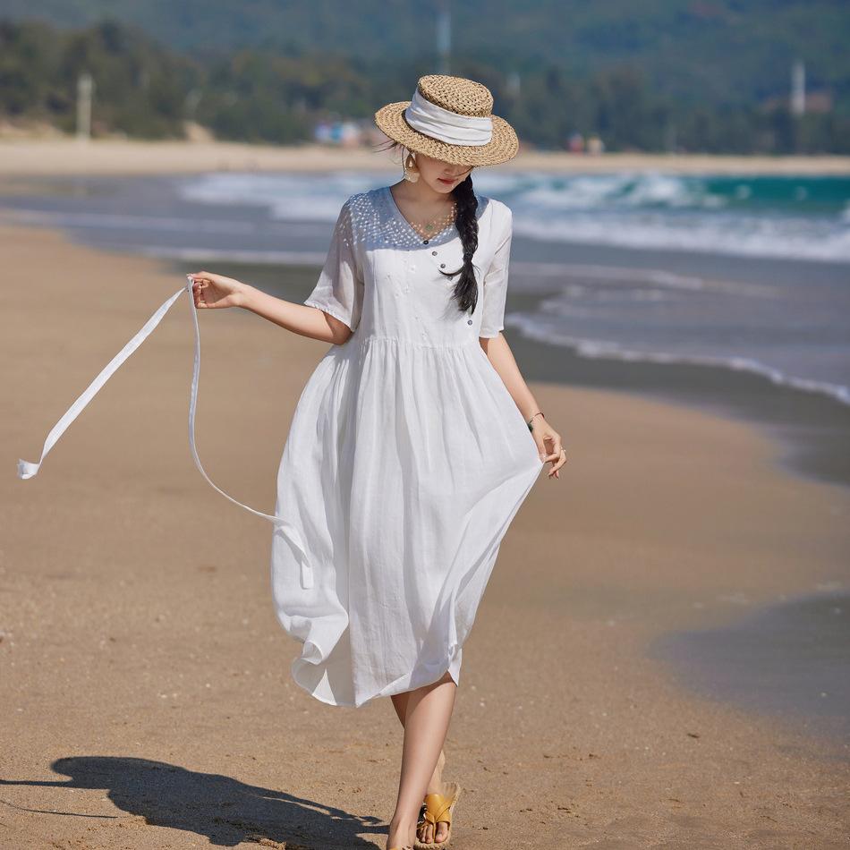 2024 Embroidered Ramie V-Neck Women's Mid-Sleeve Long Dress