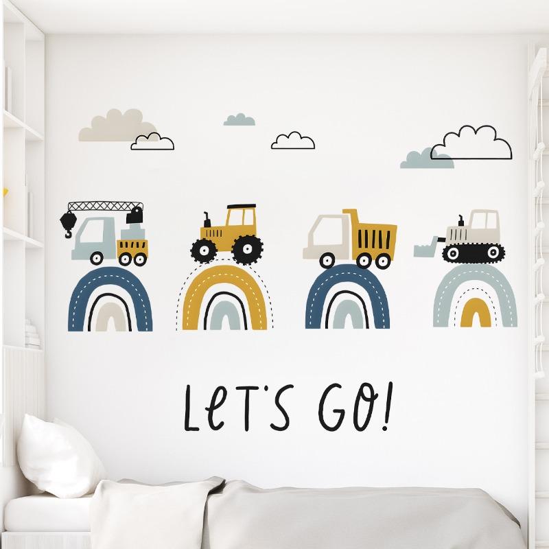 Cartoon INS Cute Engineering Vehicle Road Rainbow Wall Sticker for Kids Room Kindergarten Decor