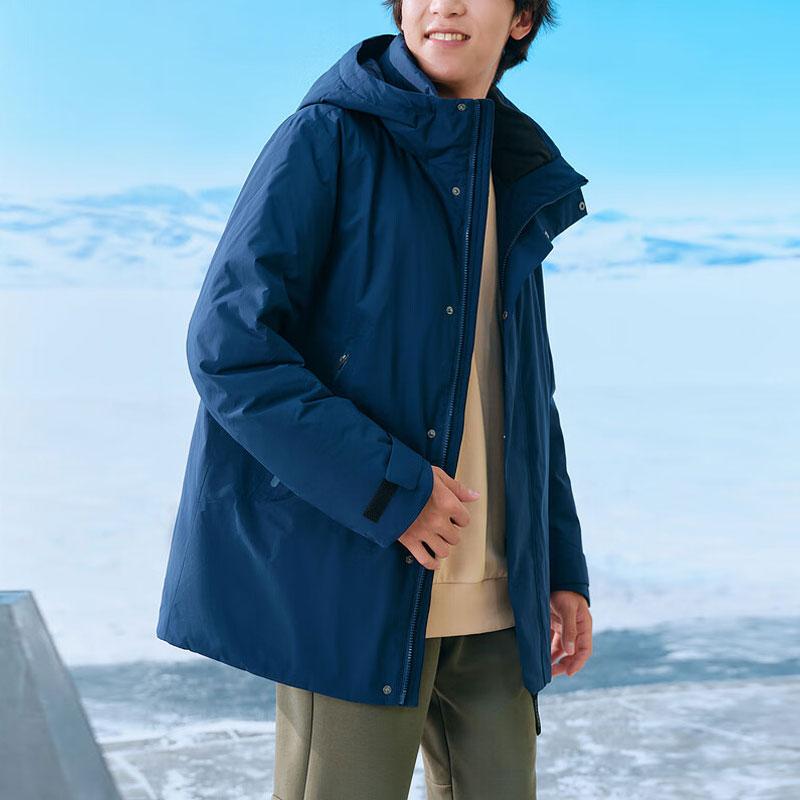 Skechers Solid Color Hooded Woven Mid-Length Down Jacket Men Outerwear Dark-Blue Black L423M167-0029
