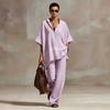 Women's Summer/Fall Casual Relaxed-Fit Solid-Color Shirt and Wide-Leg Pants Set