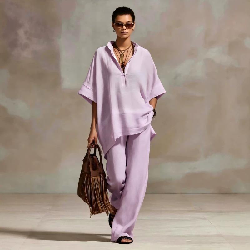 Women's Summer/Fall Casual Relaxed-Fit Solid-Color Shirt and Wide-Leg Pants Set