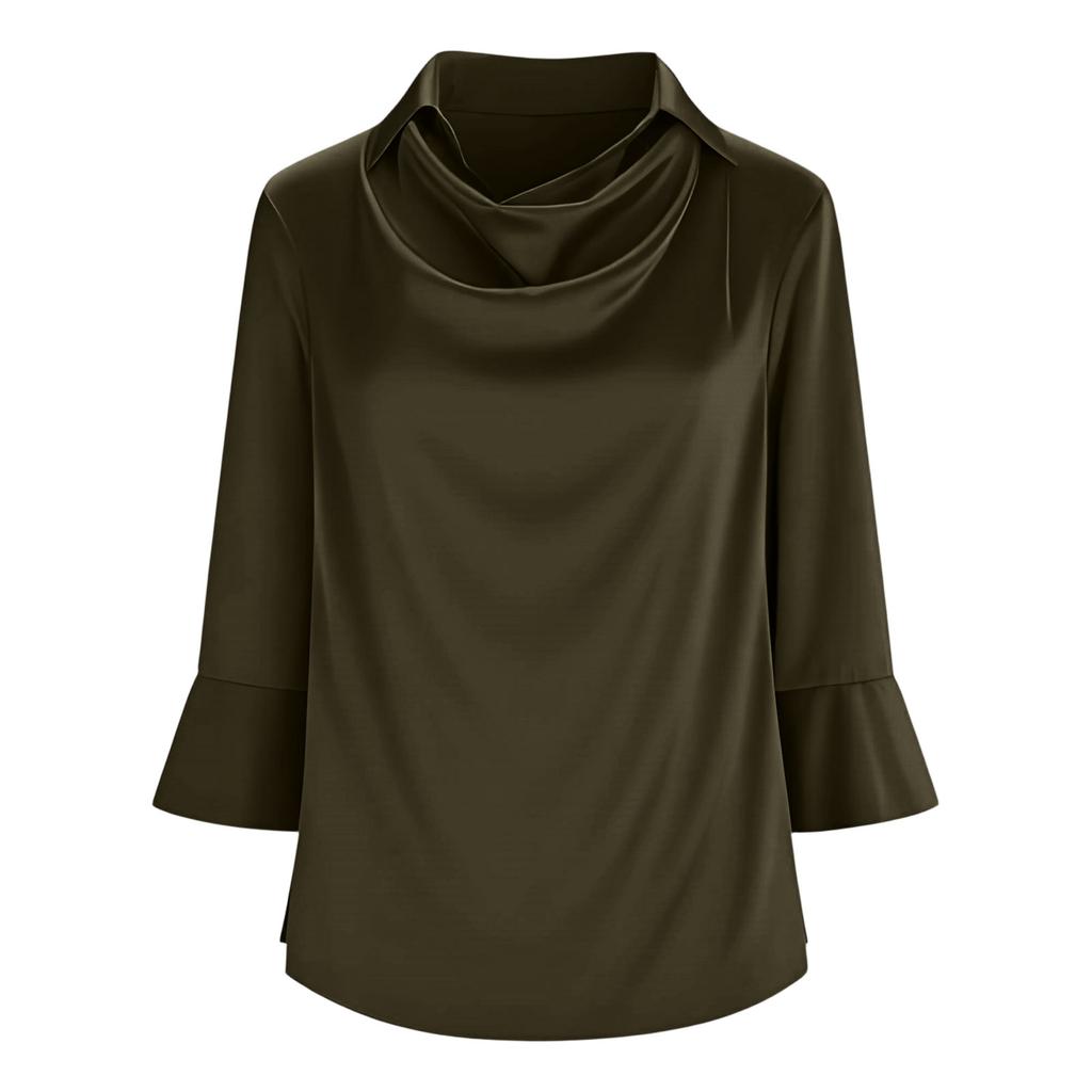Satin Shirts For Womens Cowl Neck 3/4 Length Sleeves Dressy Fashion Pullover Tee Shirt Blouse Tops